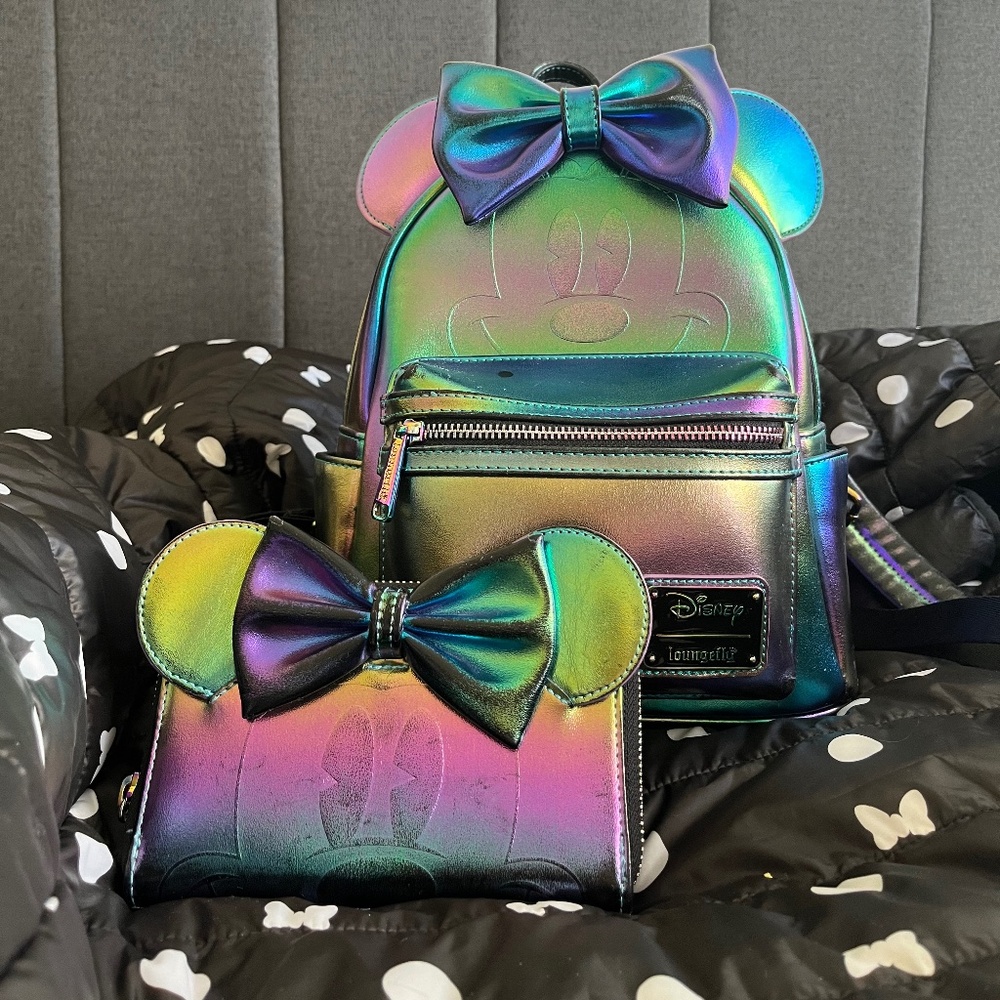 Loungefly Disney Oil Slick Minnie Mouse Backpack and Wallet